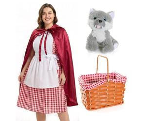 Ladies Red Riding Hood Costume - Small - Gingham Apron Dress, Cape, Plastic Gingham Basket and Plush Toy Wolf - Adults Womens Storybook World Book Day Fancy Dress Costume