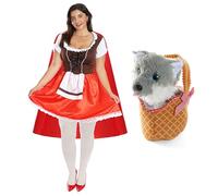 Ladies Red Riding Hood - XLarge - Red Dress, Grey Wolf Plush and Soft Red Gingham Basket, White Tights and Red Cape - Perfect for World Book Day