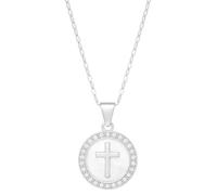 Ladies Religous Cross Necklace - 18K Gold Plated Hypoallergenic Stainless Steel - Mother of Pearl Inlay - 40cm Adjustable Chain - with Jewellery Gift Box (Silver)