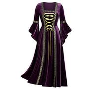 Ladies Renaissance Costume Retro Velvet Trumpet Sleeve Square Collar Medieval Dress Halloween Costumes for Women Vintage Floor Length Empire Victorian Dress Cosplay Witch Dress Purple