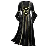 Ladies Renaissance Costume Retro Velvet Trumpet Sleeve Square Collar Medieval Dress Halloween Costumes for Women Vintage Floor Length Empire Victorian Dress Cosplay Witch Dress Black