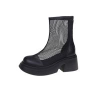 Ladies Retro British Style Mid Calf Boots with Mesh Hollow Out Design Round Toe High Heel Back Zipper Ankle Boots Fashion Footwear(Black, 4)