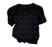 Ladies Retro Style Pearl Decorated T Shirt Casual Round Neck Knitted Short Sleeve Top Soft Stretchy Fabric For Daily Wear Suitable For Spring Summer And Autumn Seasons Multiple Colors(Black)