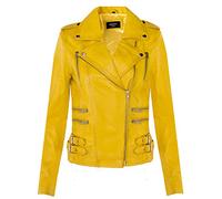Ladies Retro Yellow 100% Nappa Leather Biker Jacket 5XL