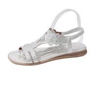 Ladies Rhinestone Floral Flat Sandals Open Toe Wide Fit Elastic Slingback Shoes with Sparkling Glitter Upper Ladies Low Flat Heel Slides Sandal Non Slip Outsole Comfy Lightweight Summer Casual Wear