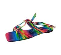 Ladies Rhinestone Shiny Leather Rainbow Colour Square Toe Hollow Out Strap Beach Flat Bottom Big Size Sandals Rose Sandals for Women Wedding (Red, 4)