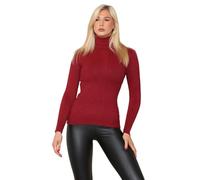 Ladies Rib Knit Polo Neck Jumper Christmas Eve Wool Sweater Winter Warm Knitted Tunic Womens Winter Warm Outdoor Fashion Sweatshirt Long Sleeve Jumper Top (Wine UK 12-14)