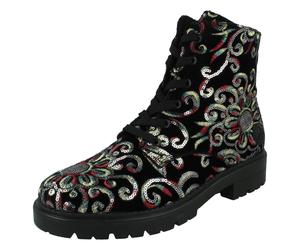 Ladies Rieker Floral Stitch and Sequin Design Combat Boots - Z2841