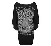Ladies Round Neck Animal Leopard Face Print Short Batwing Sleeve Silver Glitter Womens Stretch Long Top Black Size 20
