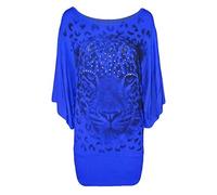 Ladies Round Neck Animal Leopard Face Print Short Batwing Sleeve Silver Glitter Womens Stretch Long Top Black Size 26 - 28