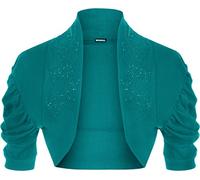 Ladies Ruched Shrug Womens Beaded Design Short Sleeve Bolero Cardigan Top Teal 8/10