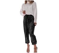 Ladies Ruffled Sequins Drawstring High Waist Wide Leg Slacks Cloth High Sequin Women Foot Sexy Pants Fashion Style Waisted Tape Trousers Ruffle Pants Autumn Eight-Point Pants for Women UK Black