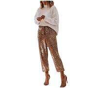 Ladies Ruffled Sequins Drawstring High Waist Wide Leg Slacks Cloth High Sequin Women Foot Sexy Pants Fashion Style Waisted Tape Trousers Ruffle Pants Autumn Eight-Point Pants for Women UK Gold