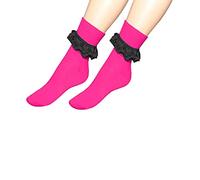 Ladies Ruffled Trim Lace Ankle Socks Womens Fancy 80s Party Costume Accessory Pink & Black