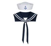 LADIES SAILOR SET FANCY DRESS ACESSORY UNISEX SET SAILOR DOUGHBOY HAT WITH BLUE EMBROIDERED ANCHOR + NAVY & WHITE SCARF ILOVEFANCYDRESS® NAUTICAL MARINE NAVY OUTFIT