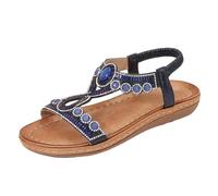 Ladies Sandals Summer New Comfortable Fashion Retro Ethnic Style Light Beach Vacation Elastic Heel Casual Flat Sandals Jeweled Sandals for Women Wedding (Navy, 7.5)