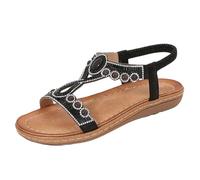 Ladies Sandals Summer New Comfortable Fashion Retro Ethnic Style Light Beach Vacation Elastic Heel Casual Flat Sandals Jeweled Sandals for Women Wedding (Black, 5.5)