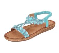 Ladies Sandals Summer New Comfortable Fashion Retro Ethnic Style Light Beach Vacation Elastic Heel Casual Flat Sandals Jeweled Sandals for Women Wedding (Blue, 7)