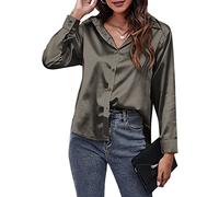 Ladies' Satin Blousess Front Botton Down Shirts Solid Silk Like Tops Casual Plain Lapel Shirts for Women Long Sleeve Shirt for Work Wedding Party Grey L