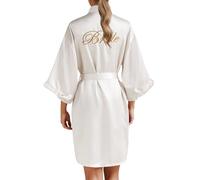 Ladies Satin Bridal Robe with Embroidered Letter Team Bride Dressing Gown Lightweight Comfortable V-Neck Kimono, Medium Length Wedding Morning Robe for Bride Bridesmaid Hen Party & Spa White