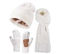 Ladies Satin Lined Winter Hat Knitted Scarf Touch Screen Gloves Set 3 Fashion Warm Gift Sets, White/Opulent Garden, One Size