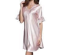 Ladies Satin Nightdress Short Sleeve Sexy Nightwear for Women Plus Size Silk Nightdresses with Sleeves Short Silk Nighties Sleepwear Short Sleeve Nightwear Sexy Nightgown & Nightshirt Hot Pink