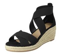 Ladies Savannah Elasticated Strap Wide Fit Wedge Heel Sandals F2308 - Black Textile - UK Size 4 - EU Size 37 - US Size 6