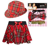 Ladies School Girl Tartan Skirt with Bow Trilby Hat Nerd Kit Scottish Burns Night Fancy Dress (SM)