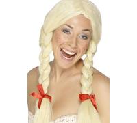 Smiffys Schoolgirl / Dutch Wig, Blonde Blonde, Plaits with Ribbons, School Days Fancy Dress, Adult Dress Up Wigs