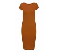 Ladies Scoop Neck Bodycon Dress Cap Sleeve Slim Fit Midi Dress Womens Summer Fashion Plain Printed Outfit Rust UK 8-10