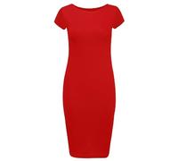 Ladies Scoop Neck Bodycon Dress Cap Sleeve Slim Fit Midi Dress Womens Summer Fashion Plain Printed Outfit Red UK 12-14