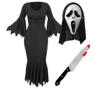 Ladies Screamer Costume - Large - Black Dress with Jagged Edges, Screamer Mask and Fake Knife Prop - Adults Womens Trick or Treat TV Film Halloween Fancy Dress Costume