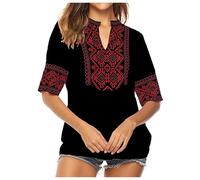 Ladies Seasonal Ukraine Blouse, Summer Women's Tunic Bohemian Embroidery Folklore Top Boho Hippie Short Sleeve Loose Tops Black XXL