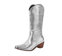 Ladies Sequin Chunky Heels Western Cowboy Boots Pointed Toe Mid Calf Knee High Boots for Women