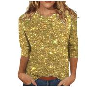 Ladies Sequin T Shirt Sequin 3/4 Sleeve Shirts Solid V Neck Blouses Womens Shimmer Pullover Glitter Top Sparkly Festival Party Shirt Shining Tees Christmas Casual Loose Clothing UK Size S-XXL Yellow