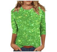 Ladies Sequin T Shirt Sequin 3/4 Sleeve Shirts Solid V Neck Blouses Womens Shimmer Pullover Glitter Top Sparkly Festival Party Shirt Shining Tees Christmas Casual Loose Clothing UK Size S-XXL Green