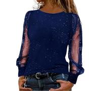 Ladies Sequin Tops Flowy Double Layered Button Down Closure Shinny Blouse Slim Chiffon Baggy Fit Crew Neck Sparkly for Women UK A-Blue