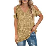 Ladies Sequin Tops Off Shoulder V Neck Blouses Glitter Tops Ladies Short Sleeve Sparkly Tops Plus Size Party Wear Pleated Tunic Tops Elegant Loose Causal Tee Shirts Clubbing Top Gold