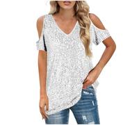 Ladies Sequin Tops Off Shoulder V Neck Blouses Glitter Tops Ladies Short Sleeve Sparkly Tops Plus Size Party Wear Pleated Tunic Tops Elegant Loose Causal Tee Shirts Clubbing Top White