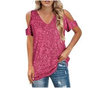 Ladies Sequin Tops Off Shoulder V Neck Blouses Glitter Tops Ladies Short Sleeve Sparkly Tops Plus Size Party Wear Pleated Tunic Tops Elegant Loose Causal Tee Shirts Clubbing Top Hot Pink