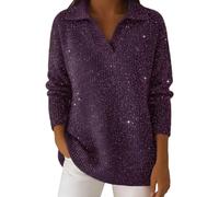 Ladies Sequin Tops UK Sparkle Jumpers for Women UK Plus Size Sequin Banded Collar Long Sleeve Knitted Tops Glittery Tunic Thick Cotton Glitzy Jumper Casual Lapel Sweater Glitter Purple l