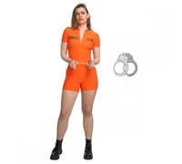 Ladies Sexy Orange Convict Prisoner Romper + Metal Handcuffs : Adult Fancy Dress Costume (XS)