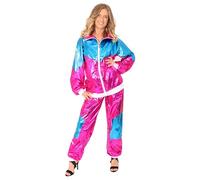 Ladies Shell Suit Costume - Fancy Dress 80's Shell Suit Chav Outfit - Pink Shiny Zip Up et + Matching Trousers with Pockets Tracksuit