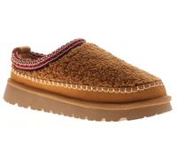 Ladies sherpa fleece suede step-in fashion slipper with a braid topline and nylon pull tab. Faux fur sock and lining. Cushioned insole for added comfort on a non-slip rubber outsole. Tan 4 UK