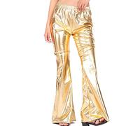 Ladies Shiny Metallic Shinny Flared Pants High Waist Stretchy Bell Bottom Trousers Ruffle Hem 70s Vintage Disco Outfit (Gold, M)