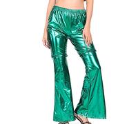 Ladies Shiny Metallic Shinny Flared Pants High Waist Stretchy Bell Bottom Trousers Ruffle Hem 70s Vintage Disco Outfit (Green, L)