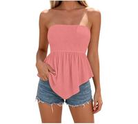 Ladies Shirred Ruched Tube Top,Textured Crinkle Strapless Peplum Vest,Sleeveless Flared Hem Bandeau Vest,Stretch Elastic Summer Casual Beach Holiday Tank Tops for Women S-XXL B Pink