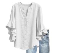 Ladies Shirts Cotton Linen 3/4 Sleeve Button Down Shirt White Ruffle Sleeve Summer Tops Casual Loose Solid T-Shirts Oversized Holiday Lightweight Going Out Shirts Women's Blouses & Shirts S-3XL