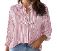 Ladies Shirts Striped Button Down Shirt Little Oversized Long Sleeve Blouses Dress Shirts Work Tops Basic Blouse for Vacation Red
