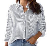 Ladies Shirts Striped Button Down Shirt Little Oversized Long Sleeve Blouses Dress Shirts Work Tops Basic Blouse for Vacation Grey